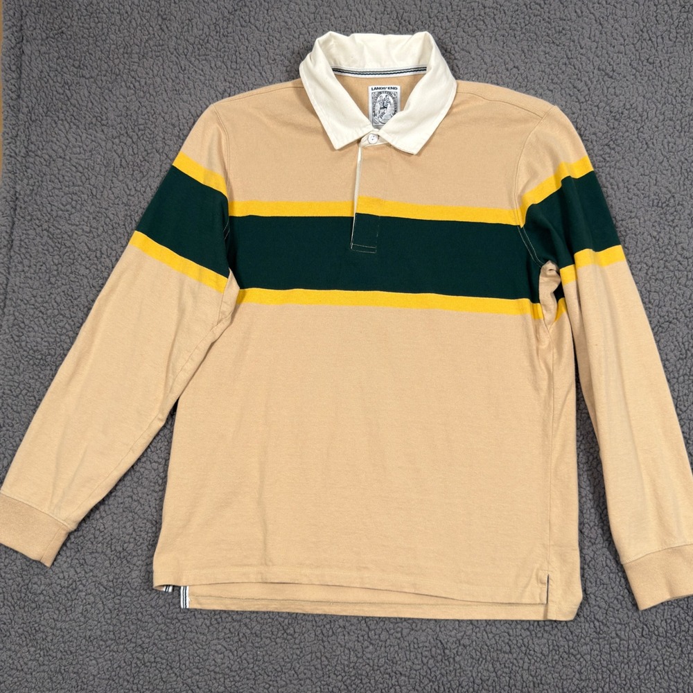 Vintage Lands End Rugby Polo Long Sleeve Shirt Large Mens  Yellow Black Striped